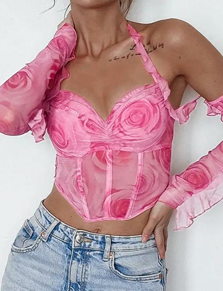 Rose Print Y2K Halter Neck Wrap Top with Wooden Ear Tie Straps - Cute Aesthetic Fashion