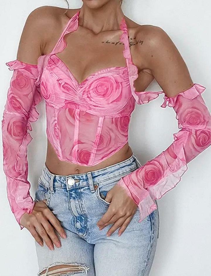 Rose Print Y2K Halter Neck Wrap Top with Wooden Ear Tie Straps - Cute Aesthetic Fashion