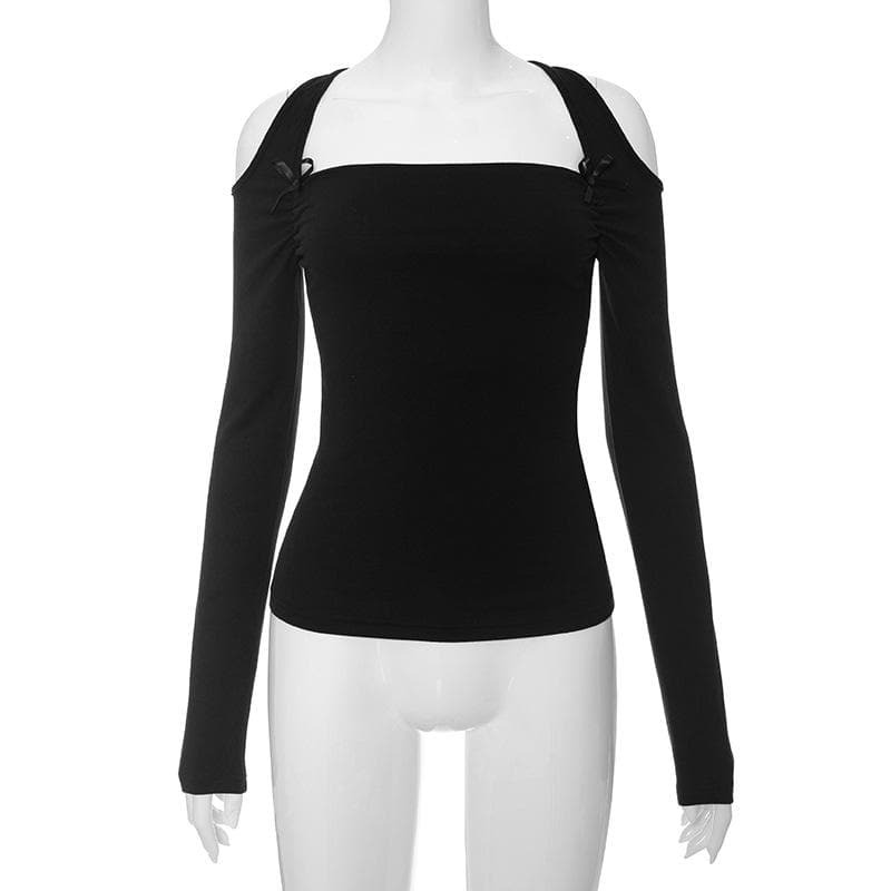 Ruched Bowknot Cut-Out Long Sleeve Top - Y2K Aesthetic Cute Crop for Coquette & Grunge Styles
