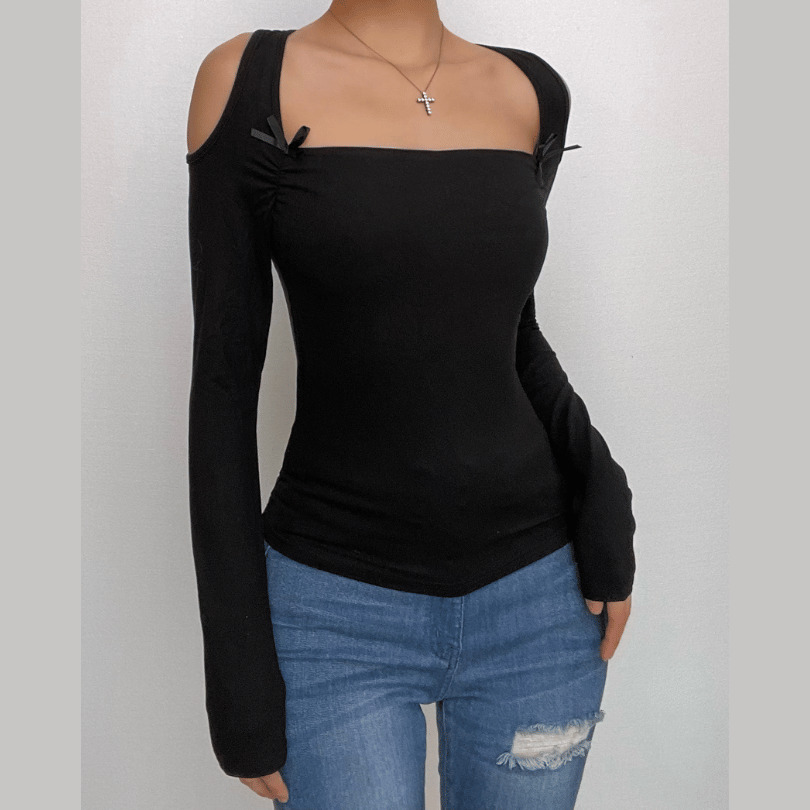 Ruched Bowknot Cut-Out Long Sleeve Top - Y2K Aesthetic Cute Crop for Coquette & Grunge Styles
