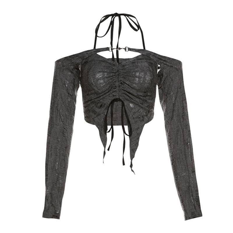 Ruched Drawstring Off-Shoulder Halter Top & Slit Skirt Set - Y2K Coquette Aesthetic Outfit