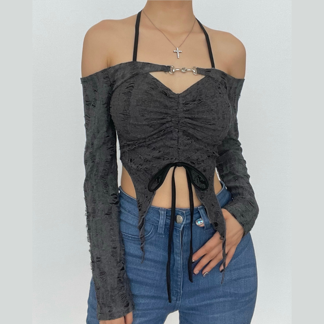 Ruched Drawstring Off-Shoulder Halter Top & Slit Skirt Set - Y2K Coquette Aesthetic Outfit