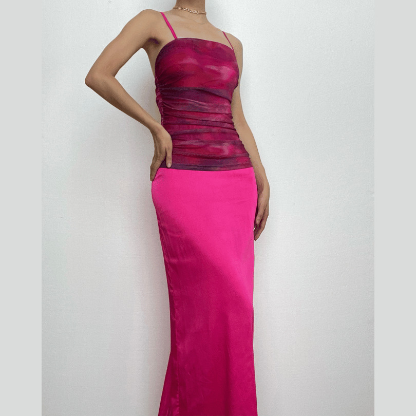 Ruched Flower Print Zip-Up Square Neck Maxi Dress with Contrast Slit - Y2K Aesthetic Fashion