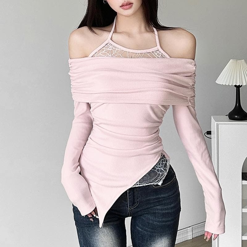 Ruched Lace Off-Shoulder Halter Top - Y2K Aesthetic Long Sleeve Irregular Cute Top
