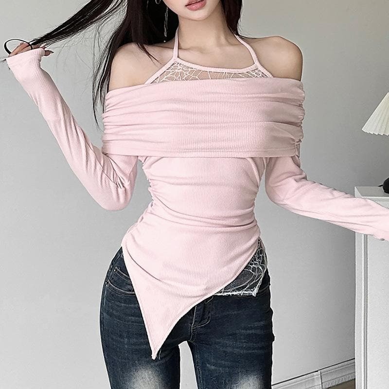 Ruched Lace Off-Shoulder Halter Top - Y2K Aesthetic Long Sleeve Irregular Cute Top