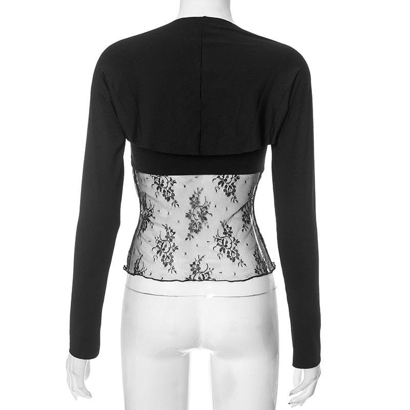 Ruched Lace Patchwork Long Sleeve 2-Piece Top - Y2K Aesthetic Cute Crop & Comfy Style