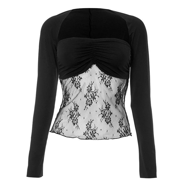Ruched Lace Patchwork Long Sleeve 2-Piece Top - Y2K Aesthetic Cute Crop & Comfy Style