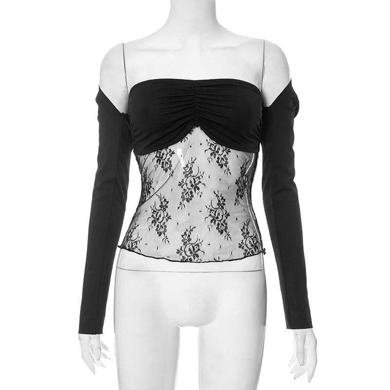 Ruched Lace Patchwork Long Sleeve 2-Piece Top - Y2K Aesthetic Cute Crop & Comfy Style