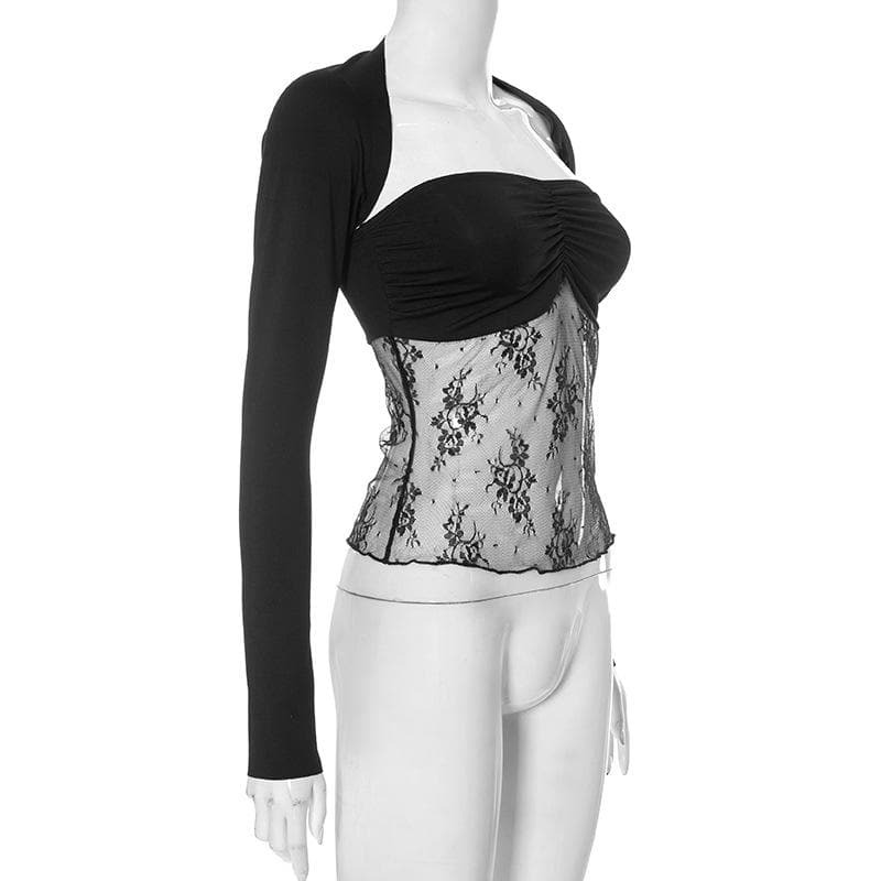 Ruched Lace Patchwork Long Sleeve 2-Piece Top - Y2K Aesthetic Cute Crop & Comfy Style