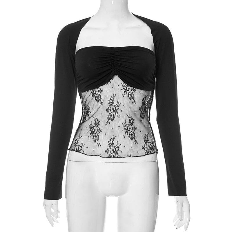 Ruched Lace Patchwork Long Sleeve 2-Piece Top - Y2K Aesthetic Cute Crop & Comfy Style