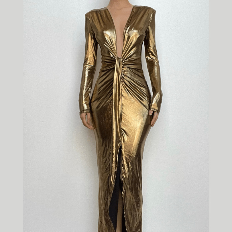 Ruched Textured Long Sleeve V-Neck Maxi Dress - Y2K Aesthetic, Coquette Style, Grunge Vibes