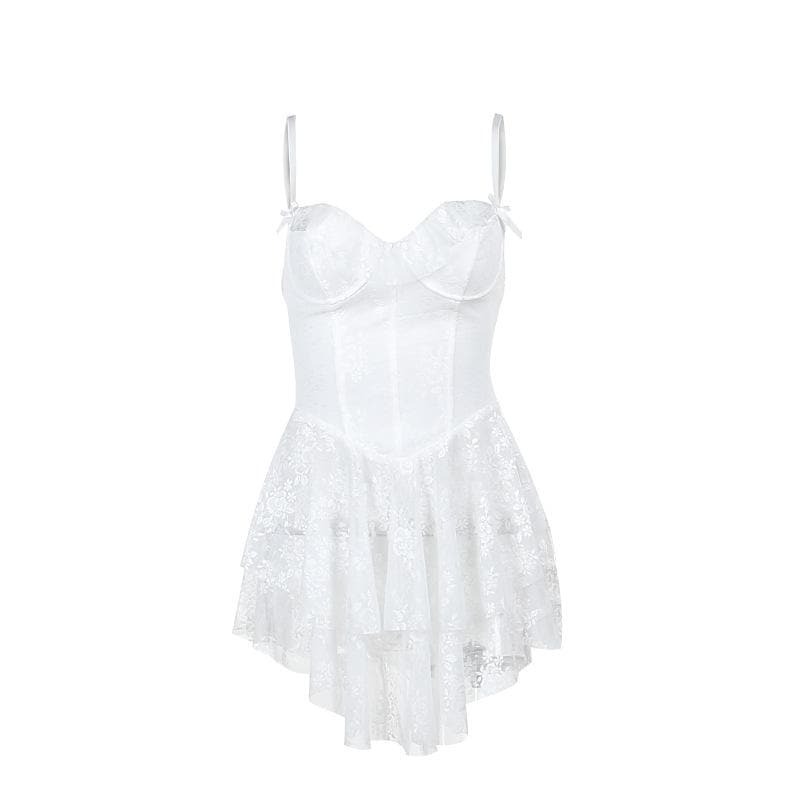 Ruffle Bustier Bowknot Mesh Lace-Up Backless Cami Mini Dress - Y2K Coquette Aesthetic
