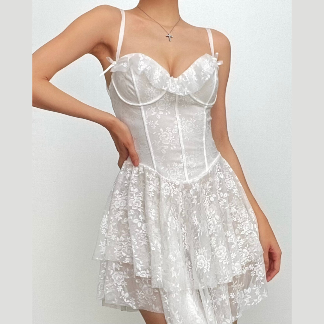 Ruffle Bustier Bowknot Mesh Lace-Up Backless Cami Mini Dress - Y2K Coquette Aesthetic