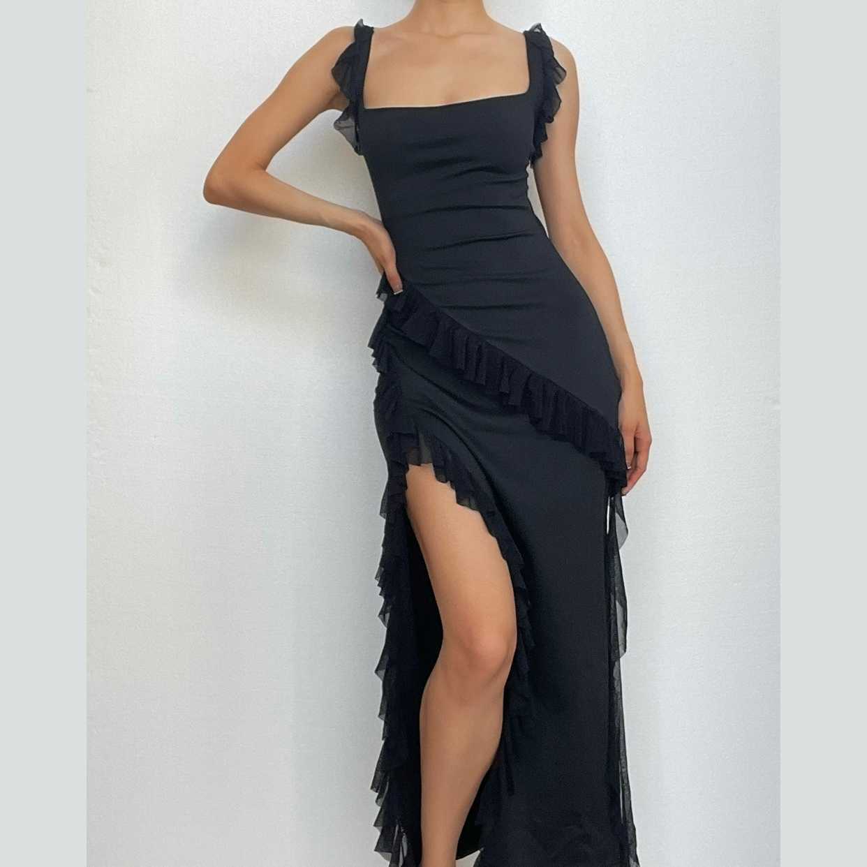 Ruffle Cap Sleeve Irregular Maxi Dress - Y2K Aesthetic, Coquette Style, Cute & Comfy
