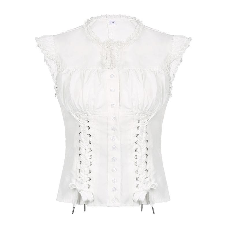 Ruffle Cap Sleeve Lace-Up Ruched Corset Top - Y2K Fashion Meets Coquette Aesthetic