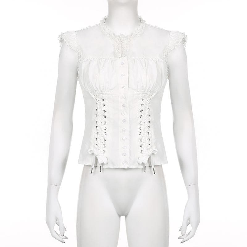 Ruffle Cap Sleeve Lace-Up Ruched Corset Top - Y2K Fashion Meets Coquette Aesthetic