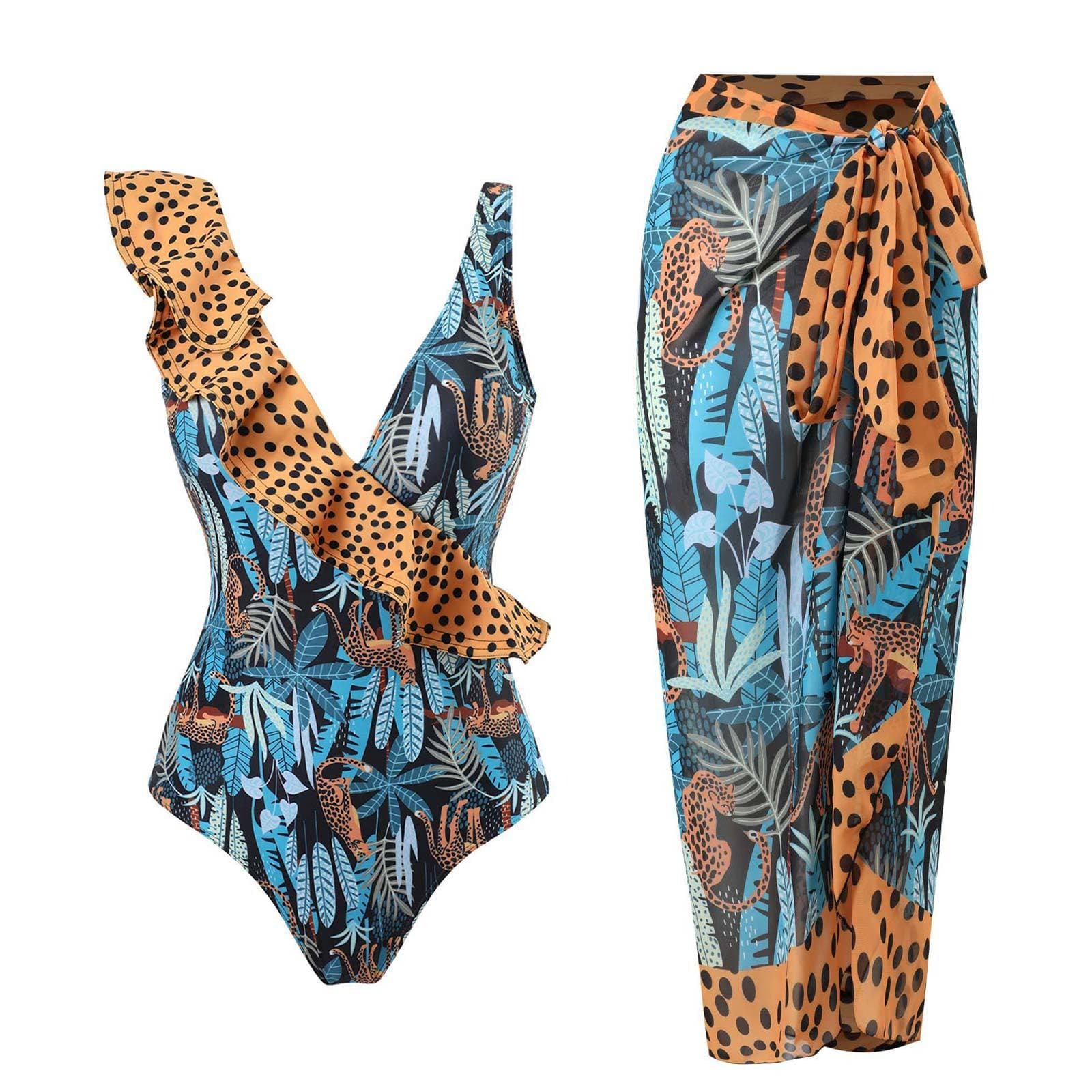 Ruffle Contrast Leaf Print Irregular One-Piece Swimwear - Y2K Aesthetic & Coquette Style