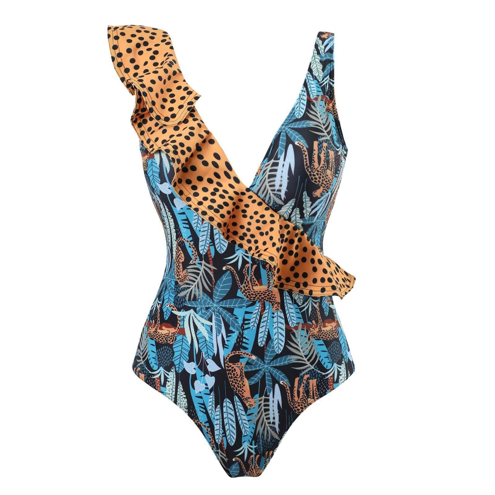 Ruffle Contrast Leaf Print Irregular One-Piece Swimwear - Y2K Aesthetic & Coquette Style