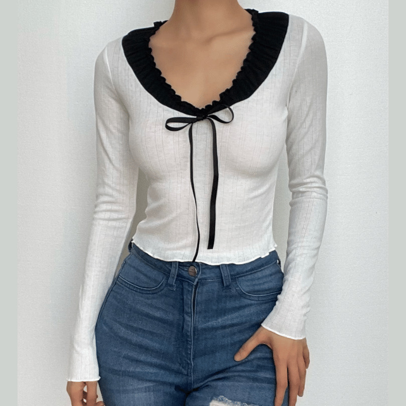 Ruffle Contrast Patchwork Bowknot Crop Top - Y2K Aesthetic Cute Top for Coquette Style