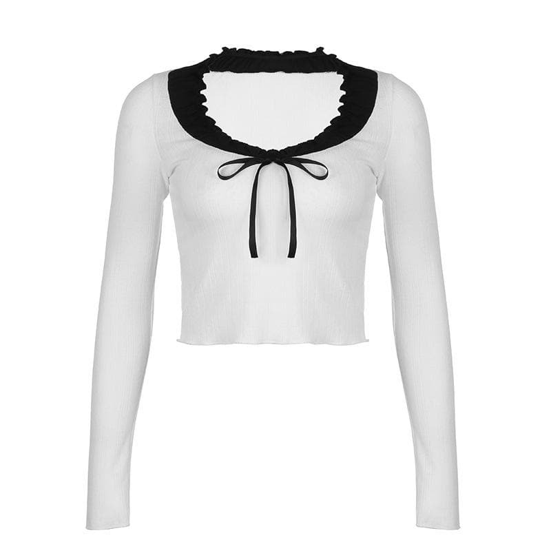 Ruffle Contrast Patchwork Bowknot Crop Top - Y2K Aesthetic Cute Top for Coquette Style