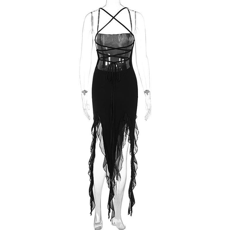 Ruffle Cross Back Lace-Up Cami Maxi Dress - Y2K Aesthetic, Coquette Style, Cute Summer Fashion