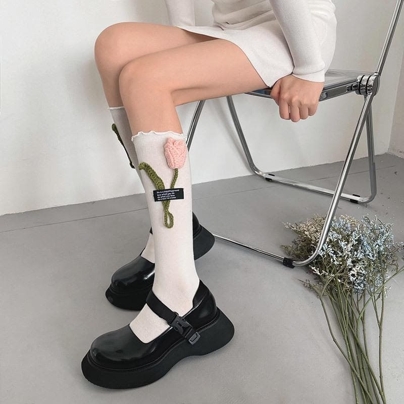Ruffle Flower Applique Long Socks - Y2K Aesthetic, Cute Accessories for Coquette & Grunge Styles