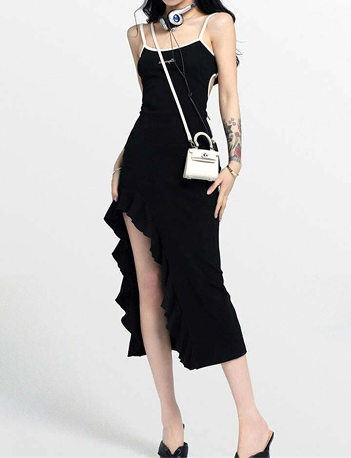 Ruffle Hem Cutout Y2K Spice Girl Dress - Backless Sling for Coquette & Grunge Aesthetic