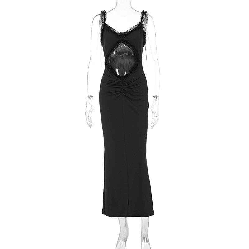 Ruffle Hollow Out Ruched Bowknot Cami Midi Dress - Y2K Coquette Aesthetic Fashion
