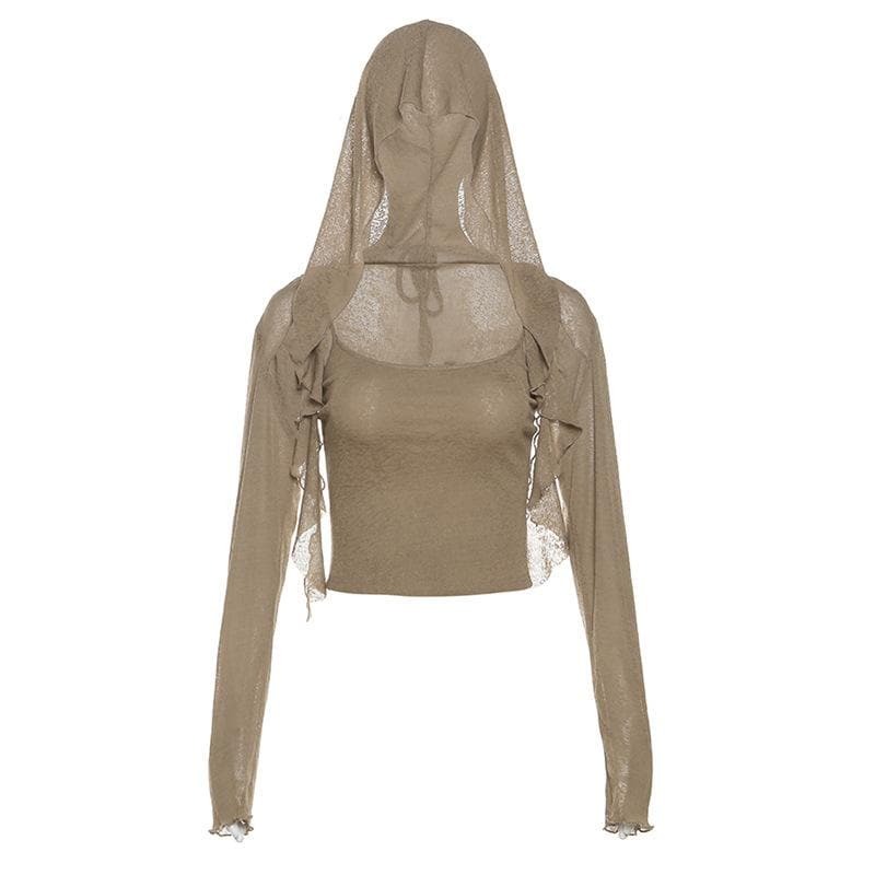 Ruffle Hoodie & Self-Tie Shrug Set - Solid Long Sleeve Cami Crop Top for Y2K Aesthetic