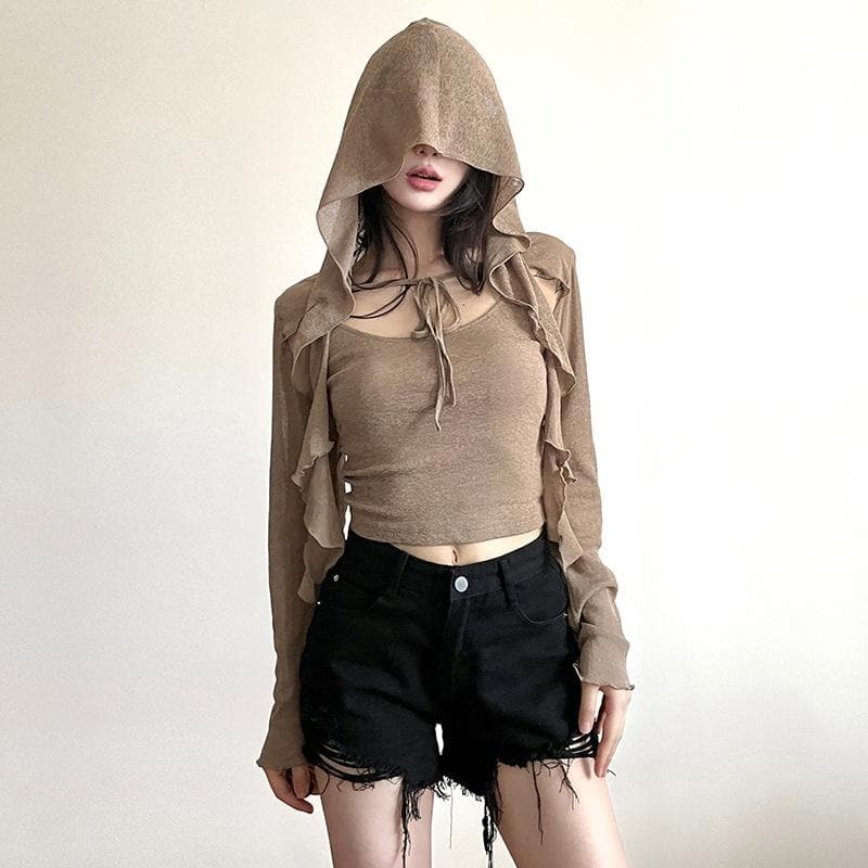 Ruffle Hoodie & Self-Tie Shrug Set - Solid Long Sleeve Cami Crop Top for Y2K Aesthetic