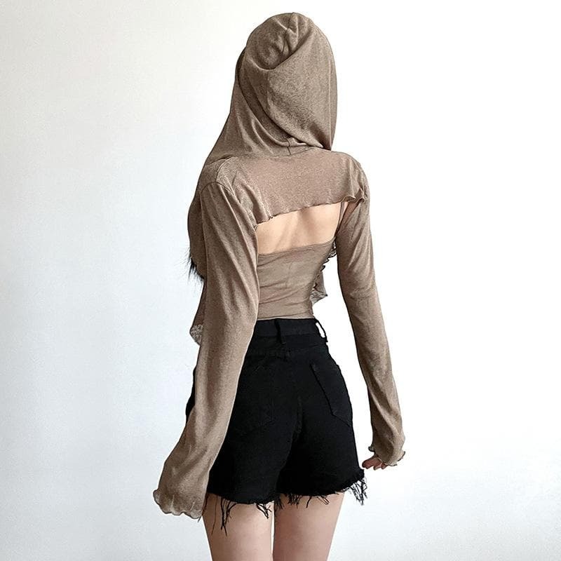 Ruffle Hoodie & Self-Tie Shrug Set - Solid Long Sleeve Cami Crop Top for Y2K Aesthetic