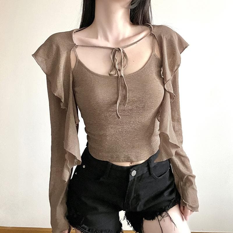 Ruffle Hoodie & Self-Tie Shrug Set - Solid Long Sleeve Cami Crop Top for Y2K Aesthetic