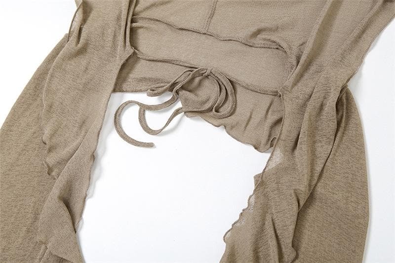 Ruffle Hoodie & Self-Tie Shrug Set - Solid Long Sleeve Cami Crop Top for Y2K Aesthetic
