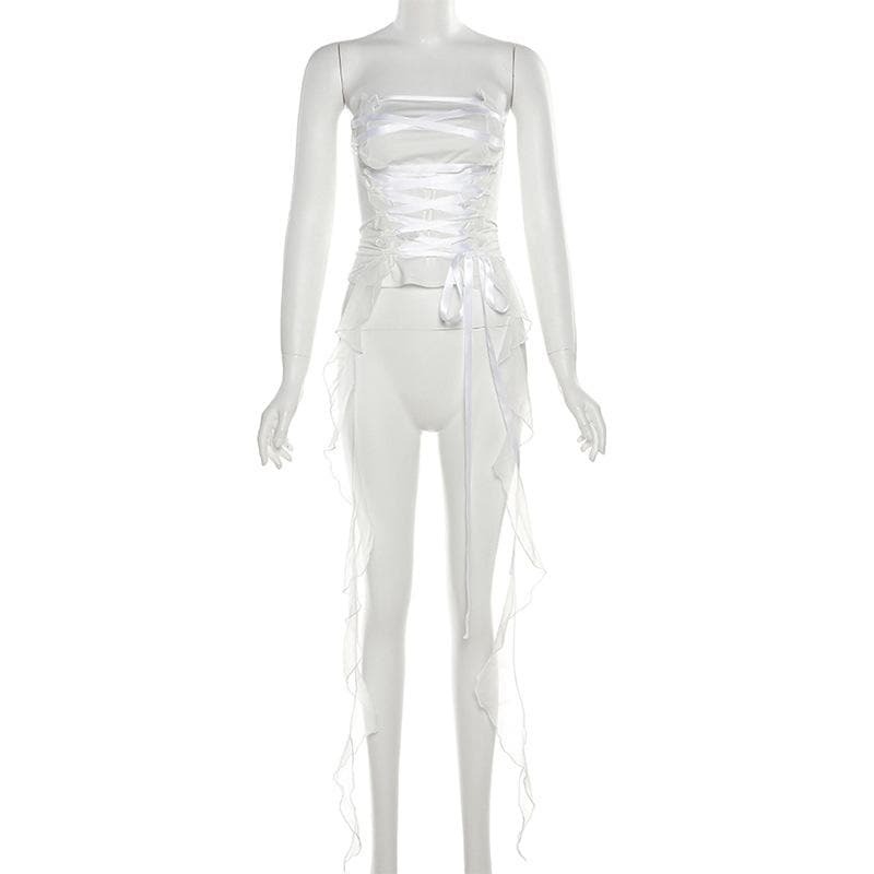 Ruffle Lace-Up Backless Ribbon Tube Crop Top - Y2K Fashion Meets Coquette Aesthetic