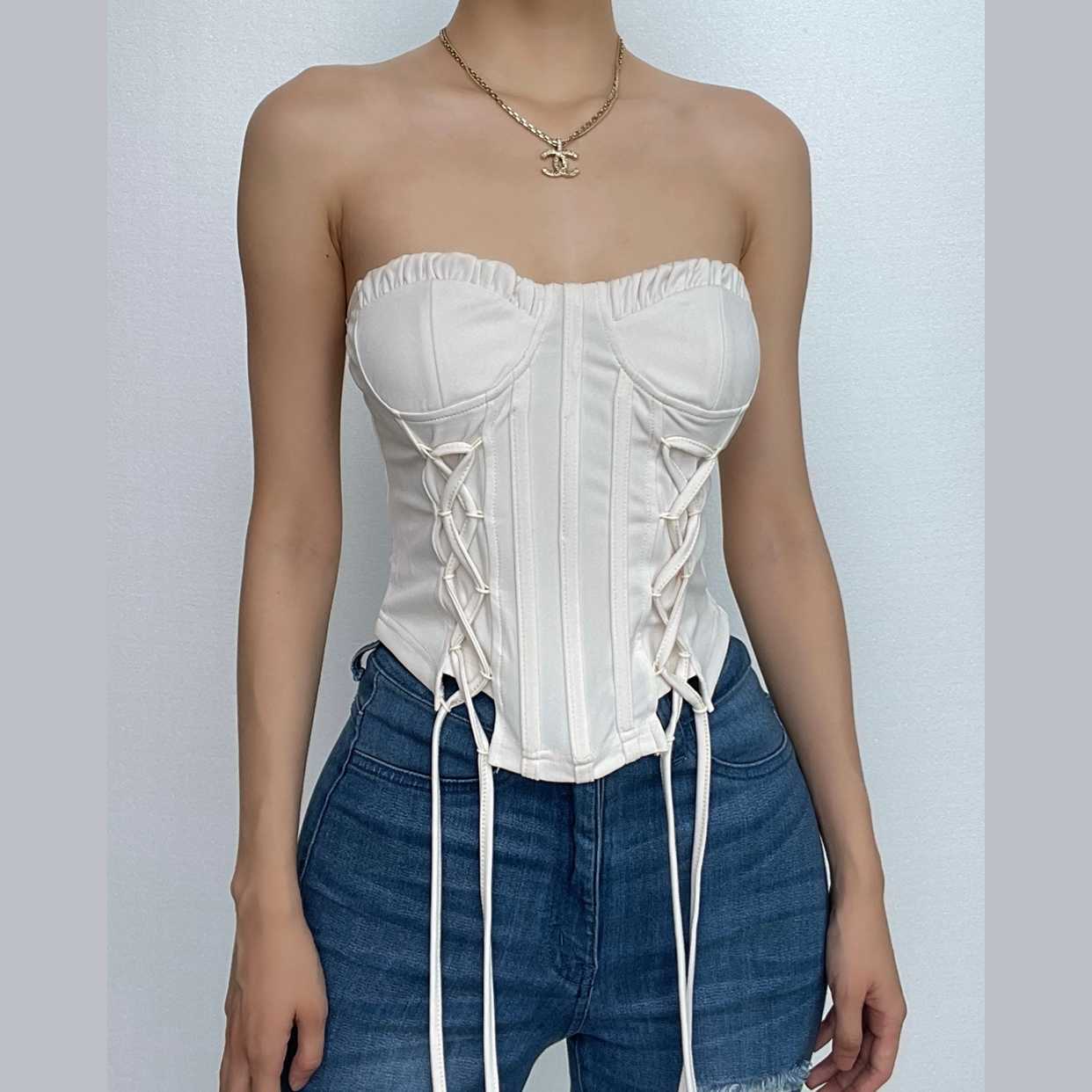 Ruffle Lace-Up Corset Tube Top - Y2K Fashion, Coquette Aesthetic, Cute Crop Top