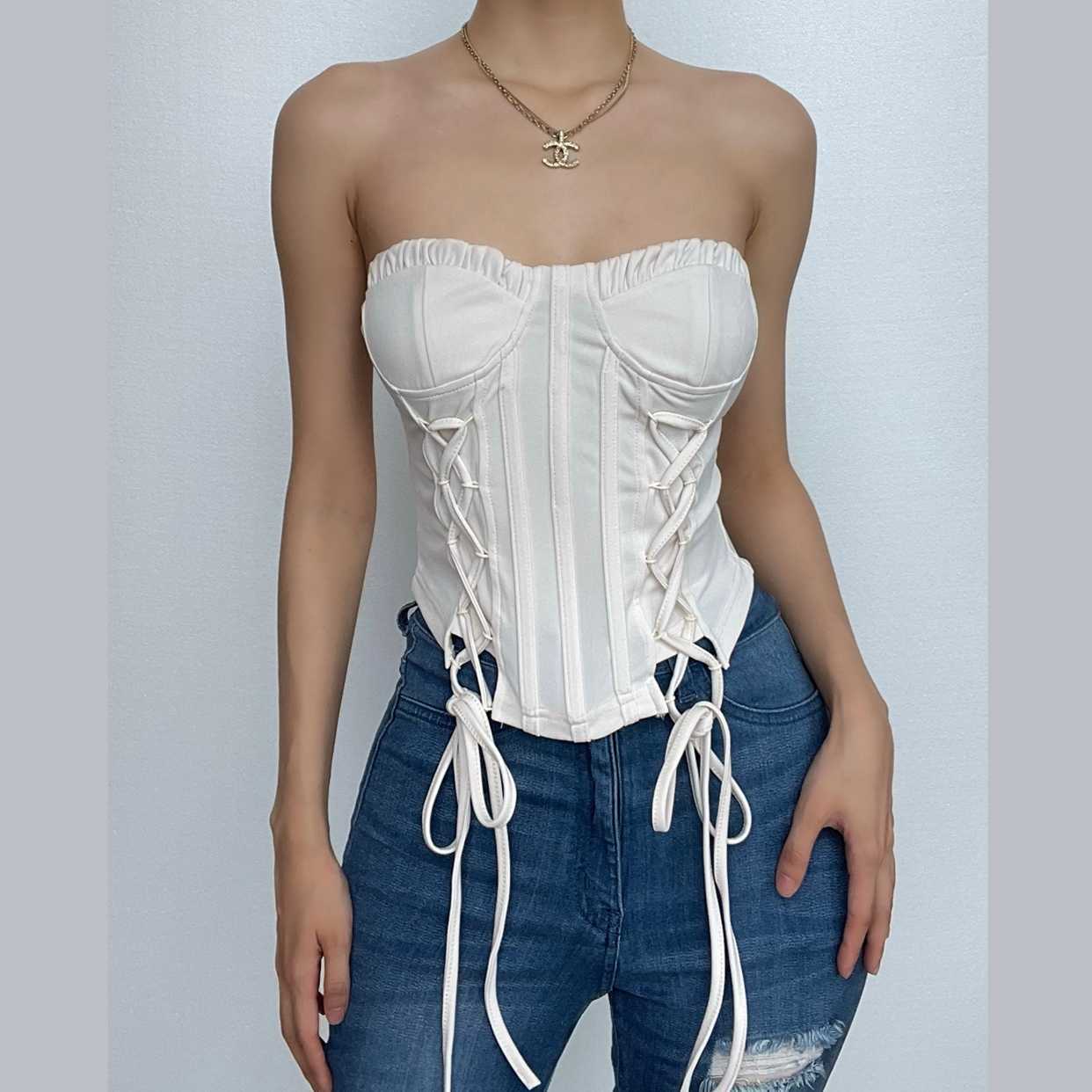 Ruffle Lace-Up Corset Tube Top - Y2K Fashion, Coquette Aesthetic, Cute Crop Top