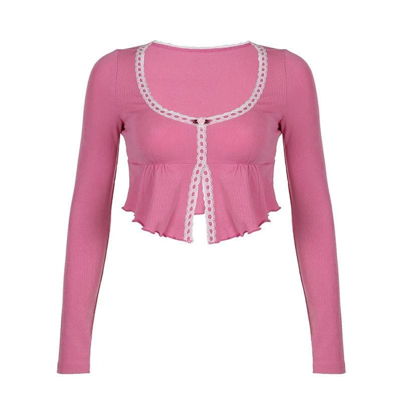 Ruffle Long Sleeve U-Neck Lace Hem Slit Contrast Crop Top - Y2K Coquette Aesthetic