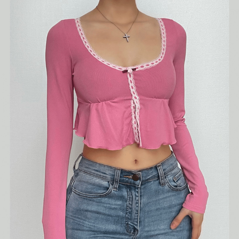 Ruffle Long Sleeve U-Neck Lace Hem Slit Contrast Crop Top - Y2K Coquette Aesthetic