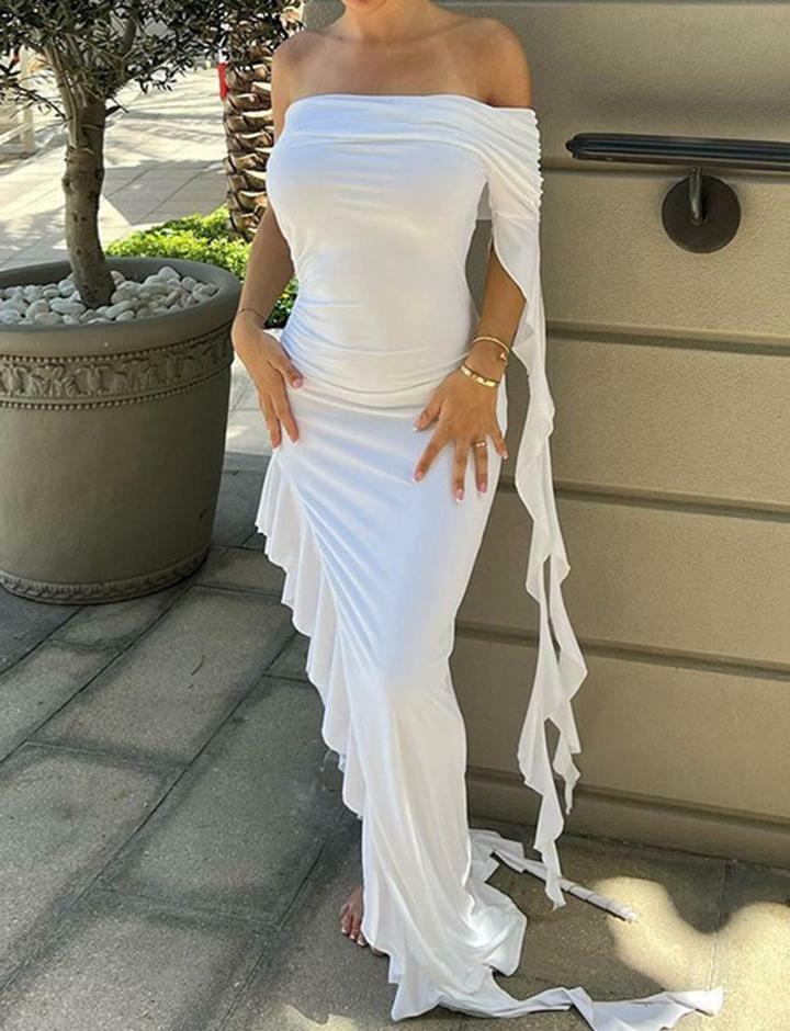 Ruffle Off-Shoulder High Slit Maxi Dress - Y2K Fashion Meets Coquette Aesthetic