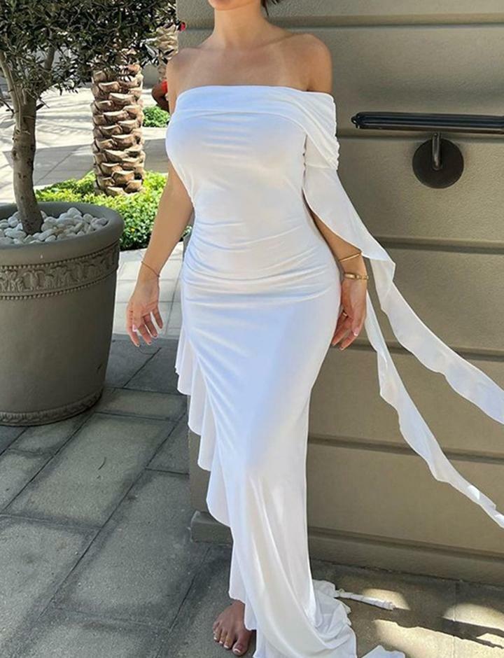 Ruffle Off-Shoulder High Slit Maxi Dress - Y2K Fashion Meets Coquette Aesthetic