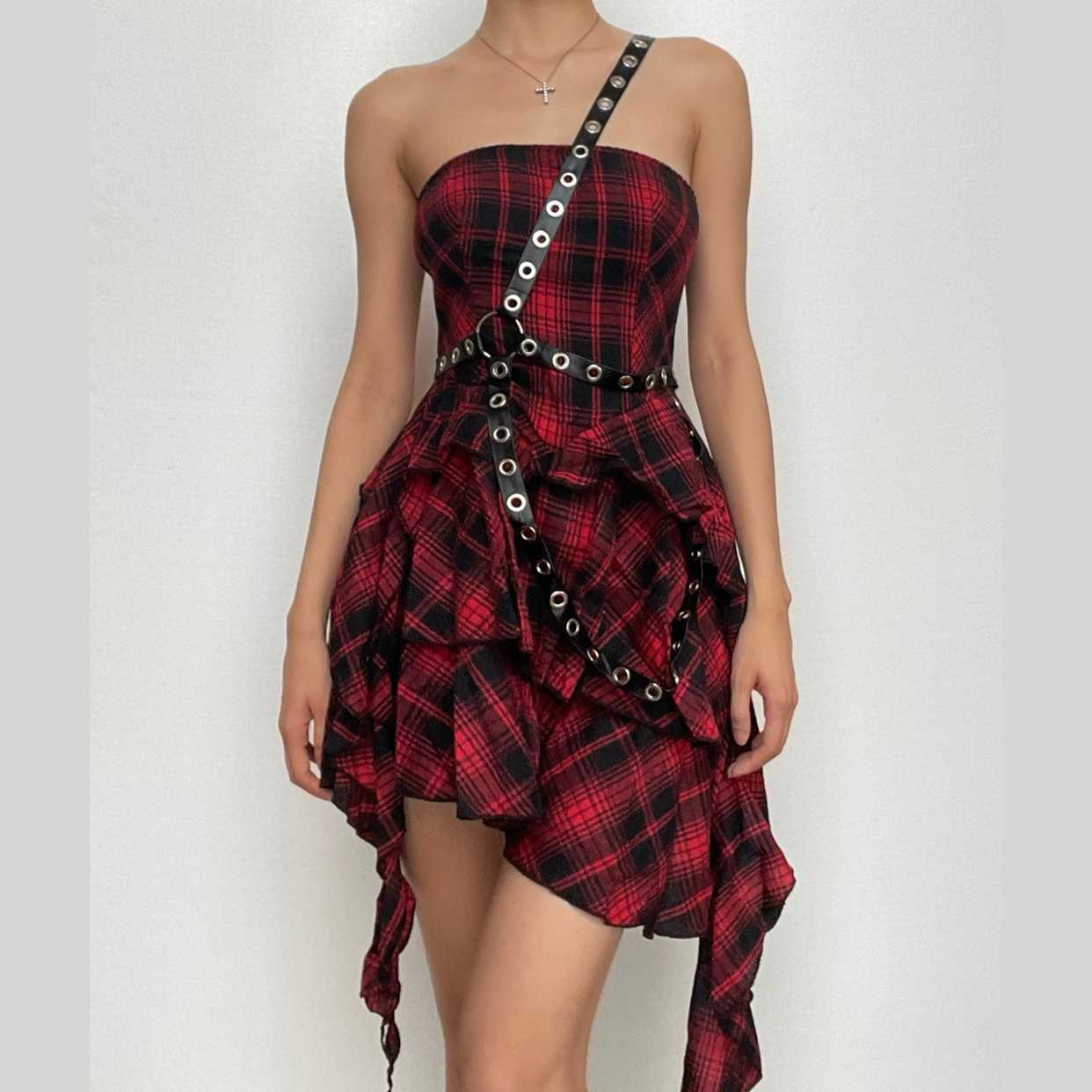 Ruffle Plaid One-Shoulder Backless Mini Dress | Y2K Grunge Aesthetic Gothic Fashion