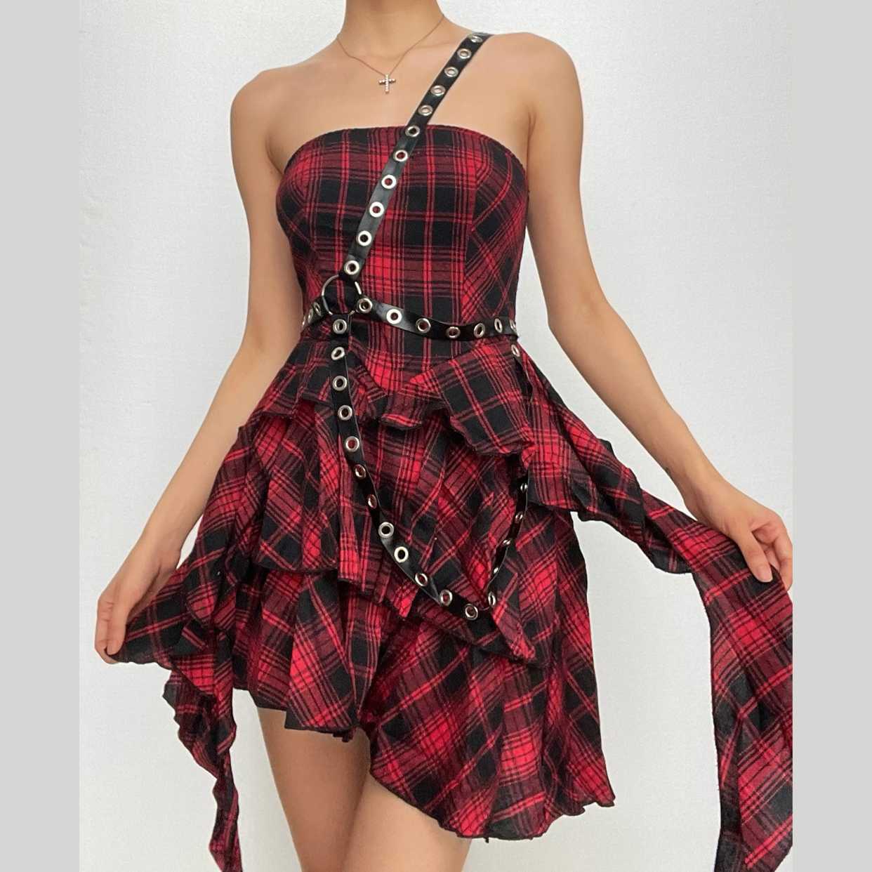 Ruffle Plaid One-Shoulder Backless Mini Dress | Y2K Grunge Aesthetic Gothic Fashion
