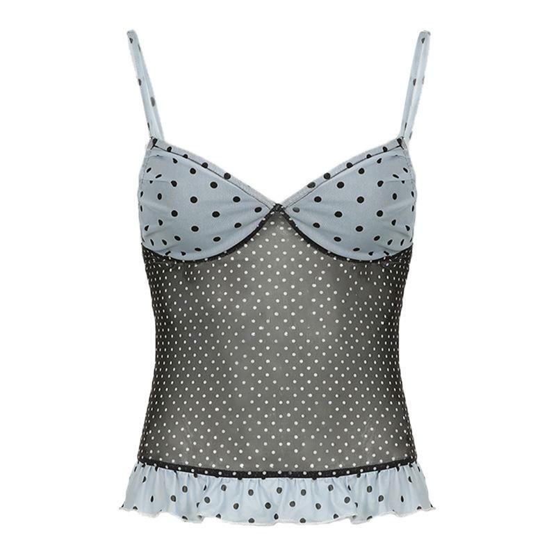 Ruffle Polka Dot Mesh Cami Top - Y2K Aesthetic Cute Crop for Coquette & Grunge Styles
