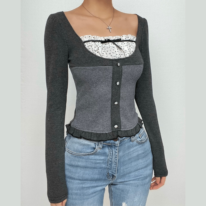Ruffle Polka Dot Patchwork Button Long Sleeve Top - Y2K Aesthetic Cute Comfy Style