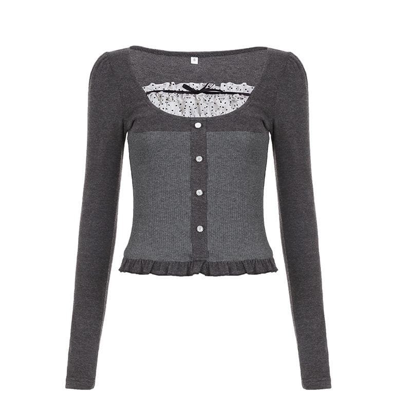 Ruffle Polka Dot Patchwork Button Long Sleeve Top - Y2K Aesthetic Cute Comfy Style