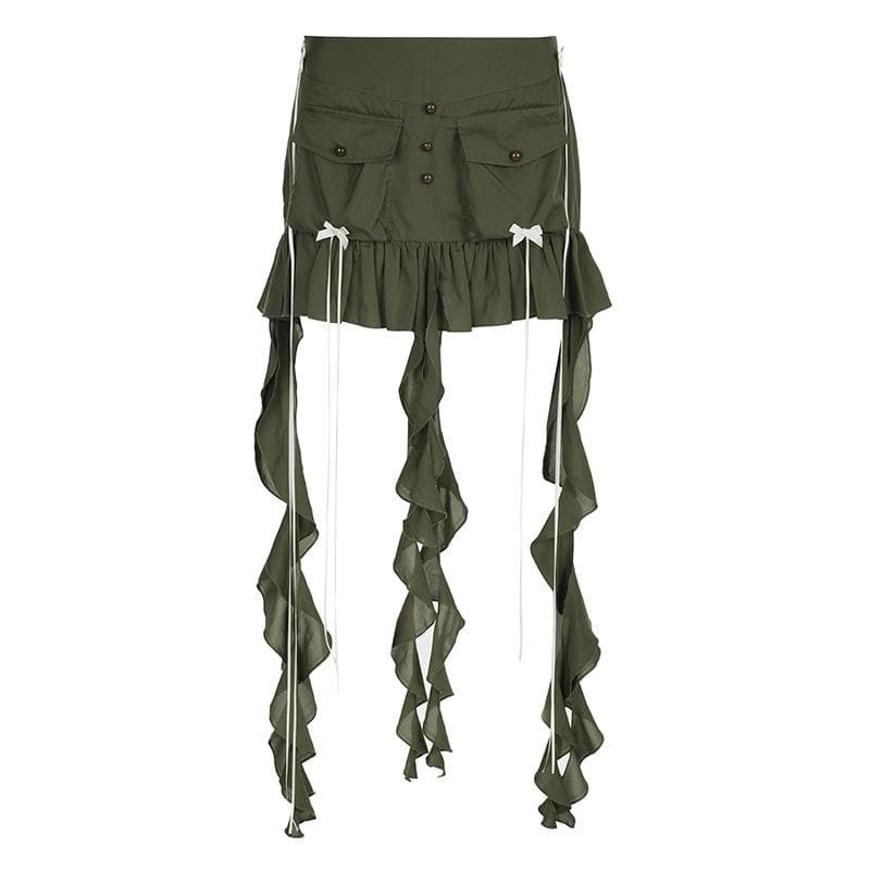 Ruffle Ribbon Zip-Up Bowknot Pocket Mini Skirt - Y2K Coquette Aesthetic Fashion
