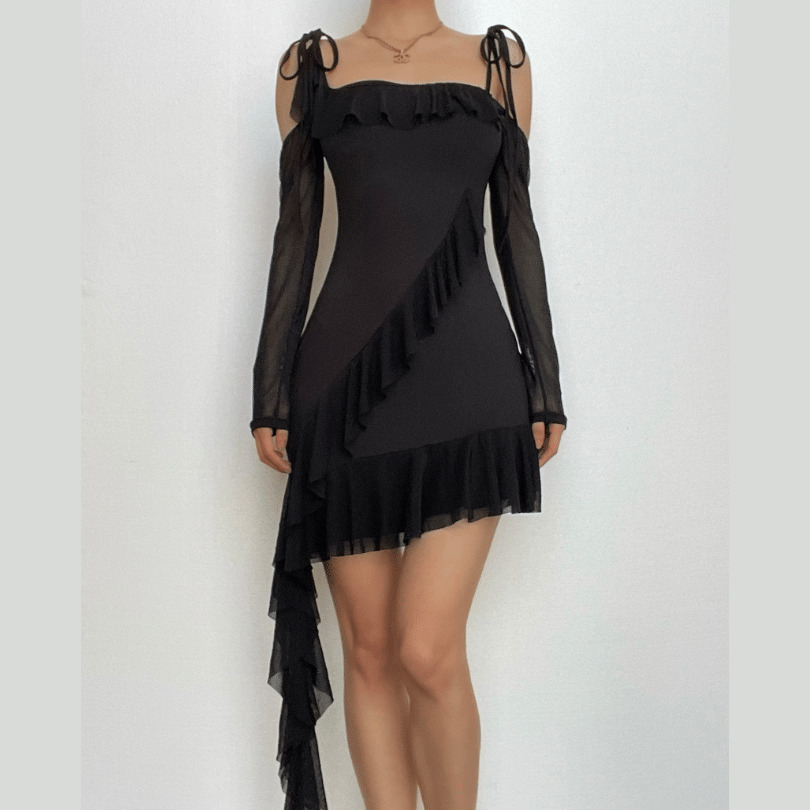 Ruffle Self-Tie Irregular Off-Shoulder Mini Dress - Y2K Fashion & Coquette Aesthetic