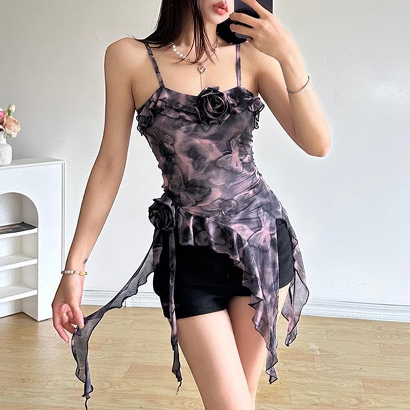 Ruffle Sheer Mesh Floral Applique Cami Top - Y2K Aesthetic Cute Crop for Coquette Style