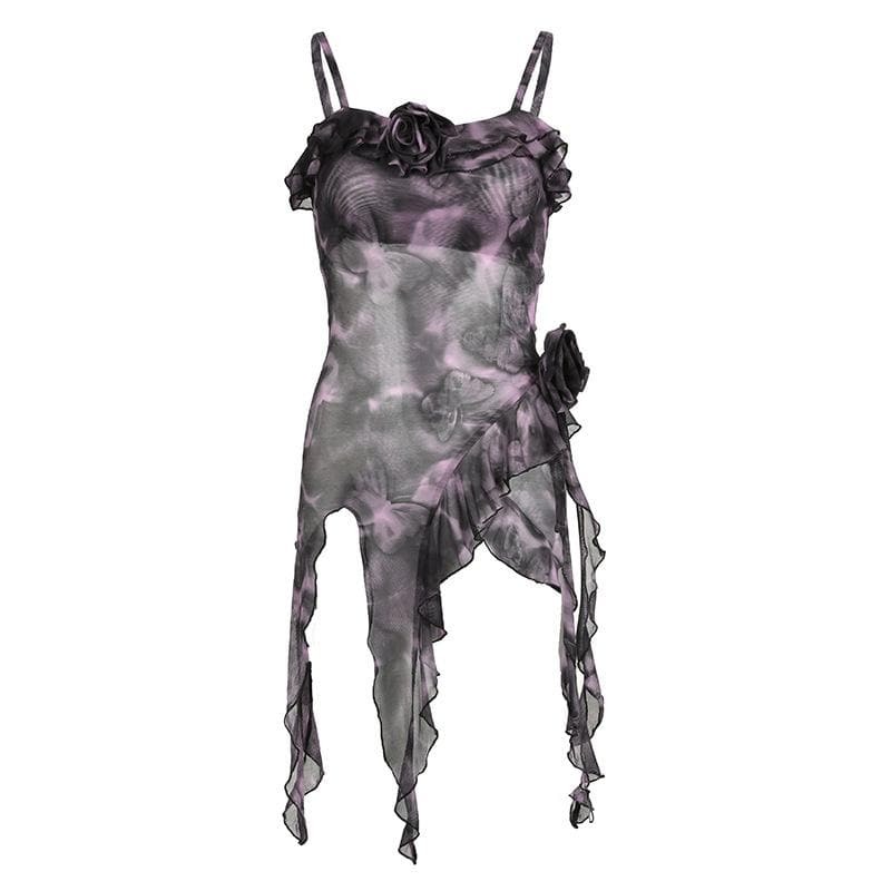 Ruffle Sheer Mesh Floral Applique Cami Top - Y2K Aesthetic Cute Crop for Coquette Style