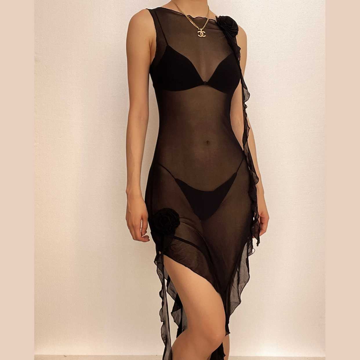 Ruffle Sheer Mesh Flower Applique Ribbon Midi Dress - Y2K Coquette Aesthetic Style